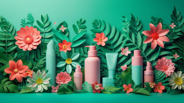 Cosmetic products among plants and flowers
