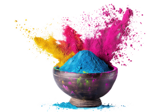 Close-up of bowl with bright colorful powder. Colorful holi powder in a bowl, cut out - stock png. - Powered by Adobe