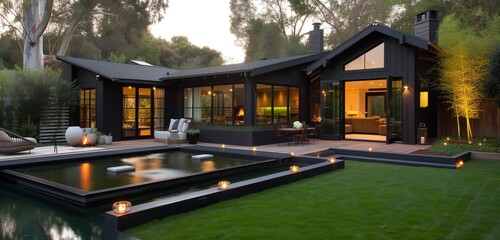 Midnight black craftsman cottage with a backyard and an elegant water feature.