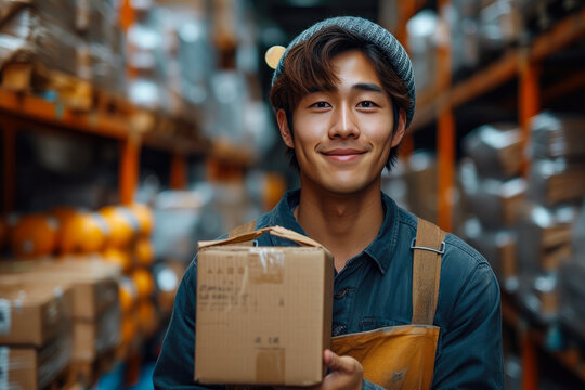 Warehouse Worker in Positive Motion with Cardboard Load