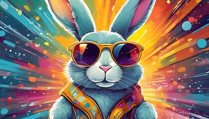 Easter bunny wearing sunglasses on colorful background. Happy Easter concept.