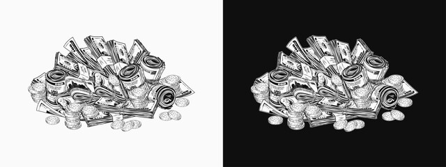 Pile, heap of cash money, coins. Black and white vintage illustration with money rolls, wads, stacks of US 100 dollar bills on black, white background. Concept of wealth and success. Not AI