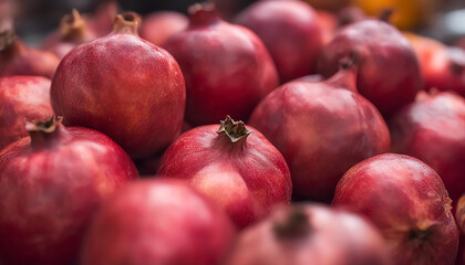 Pomegranate. Red pomegranate. Lots of fruits background. Selective focus. AI generated