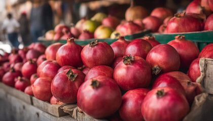 Fototapeta na wymiar Pomegranate. Red ripe pomegranate. A pile of fruits in a street stall. Selective focus. AI generated