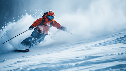 Naklejka na ściany i meble A skier in a full ski suit, dressed in a dark orange jacket, gliding down a thrilling white snow track. Healthy winter holiday, downhill skiing, adrenaline rush. Created with Generative AI.