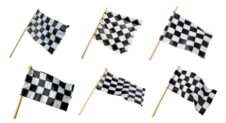 Set of black and white checkered flag with wooden stick, cut out - stock png.