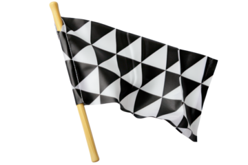 Black and white checkered flag with wooden stick, cut out - stock png.