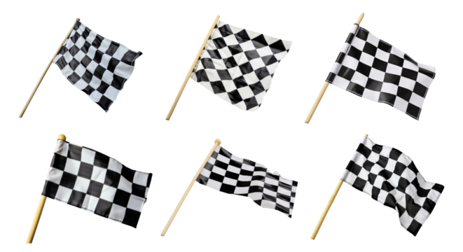 Set of black and white checkered flag with wooden stick, cut out - stock png.