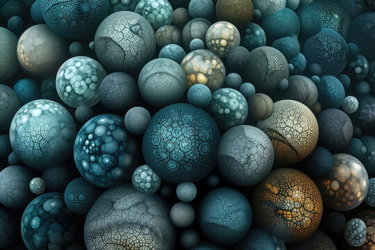 Create an abstract pattern of overlapping spheres, with varying sizes and textures