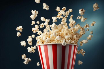 Popcorn and movie tickets. Delicious popcorn in a red striped carton box on a dark background with copy space. Bucket of cinema popcorn in a red and white box with exploding popcorn pieces. Movie time