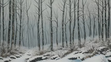 Fotobehang Frosty Grove Nostalgia: Classic Illustrated Winter Landscape Print Retro © Stella