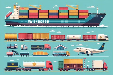 Freight transport icons set. Cargo and delivery, logistics and freight traffic, vector illustration. Includes cargo ship, truck, lorry, train, plane. Vector illustration