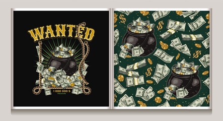 Money seamless pattern, label with cast iron cauldron full of cash money in vintage style. Scattered gold one dollar coins, wads, stacks of 100 US dollar banknotes Detailed vintage illustration Not AI © OA_Creation