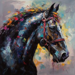 A Painting of a Black Horse With a Red Bridle