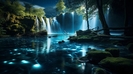 Waterfall Illuminated by Moonlight in Forest at Night