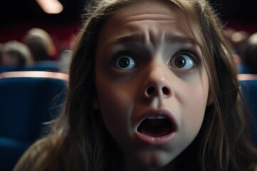 A little girl watches a scary movie with a stunned and surprised expression on her face. The bright expression on his face