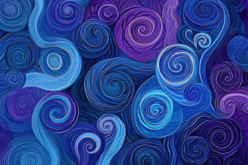 Design an abstract pattern with swirls and spirals in shades of blue and purple