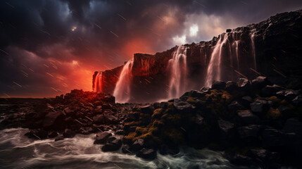 Majestic Waterfall Surrounded by Vast Body of Water - obrazy, fototapety, plakaty