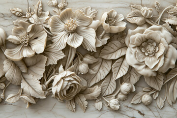 Design a relief sculpture inspired by nature, with intricate details of leaves and flowers
