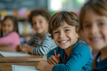 Cheerful Children Smiling in a Bright Classroom Setting