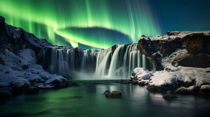 Majestic Waterfall With Green Aurora Light