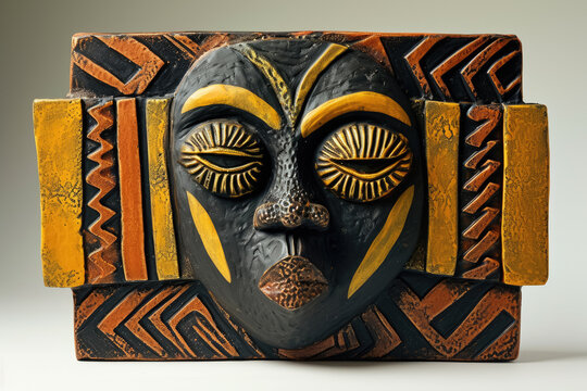 Design a relief sculpture inspired by African tribal masks, with bold patterns and textures