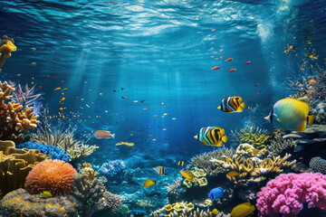 Create an underwater scene with colorful coral reefs and tropical fish swimming around
