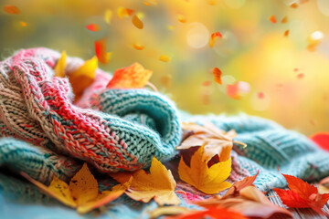 Create an autumn-inspired desktop with colorful leaves falling and a cozy scarf