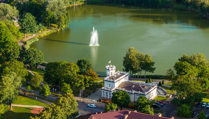 Aerial panoramic view of Lithuanian resort Druskininkai. Druskininkai in autumn colours, drone...