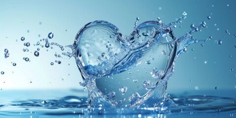 Crystal clear heart-shaped splash with dynamic droplets on a gradient blue background