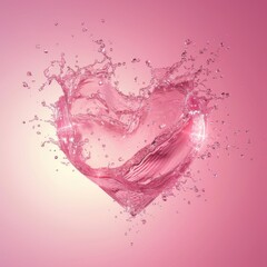 A dynamic heart-shaped water splash, clear and sparkling, on a gradient pink background
