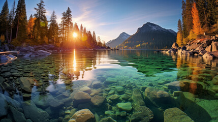 The Sun Sets Over a Mountain Lake