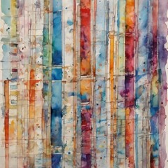 An  abstract multicolor striped artwork, watercolor technique with splashes and dots of color. Contemporary surrealist painting. Modern poster for wall decoration