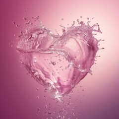 A dynamic heart-shaped water splash, clear and sparkling, on a gradient pink background