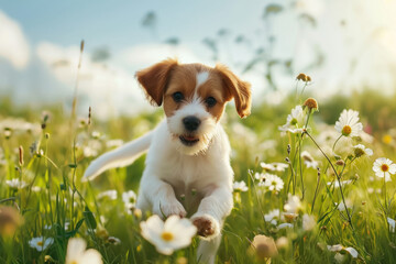 playful puppy chasing its tail in a field of flowers