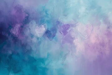 Abstract canvas blending lavender and turquoise hues, adorned with floating hearts creating an airy elegance
