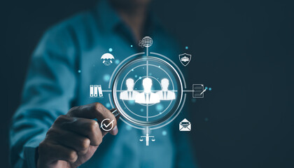 Fototapeta premium HR, human resources management technology concept. Businessman select quality human from qualifications and information data for leadership in organization and company, CRM, Recruitment Employment,