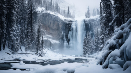 Majestic Waterfall in Snowy Forest