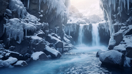 Frozen Waterfall in the Middle of a River