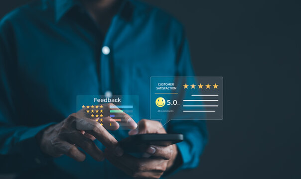 Customer satisfaction survey concept. Service experience rating online application, Evaluation of product service quality by customer. User feedback and review satisfaction, 5 star score, happy smile,