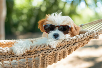 cute puppy wearing sunglasses and lounging in a hammock