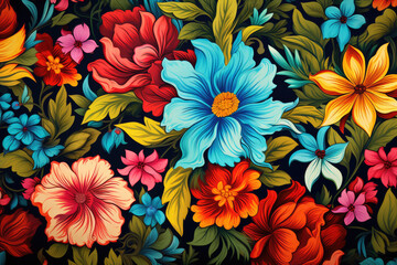 colorful floral pattern with vibrant red, yellow, and blue flowers, surrounded by green leaves