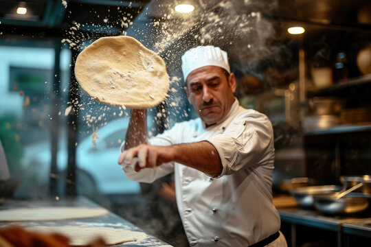 chef tossing a pizza dough in the air, with a look of concentration on his face