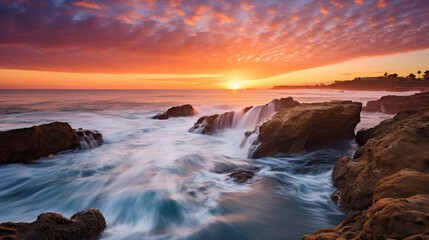 Fototapeta premium Sunset Over Ocean and Rocks