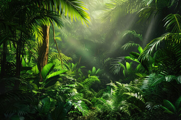 Imagine a wild and untamed jungle with dense foliage and exotic animals hidden within