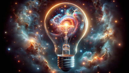 A creative concept image depicting a glowing light bulb with a vibrant galaxy and stars inside, symbolizing cosmic energy and ideas.Think differently creative idea concept.Generative AI  - obrazy, fototapety, plakaty