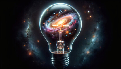 A creative concept image depicting a glowing light bulb with a vibrant galaxy and stars inside, symbolizing cosmic energy and ideas.Think differently creative idea concept.Generative AI 
