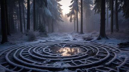 Fototapeta na wymiar Circular Maze in Snowy Forest