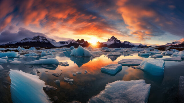 The Sun Setting Over Icebergs in the Water