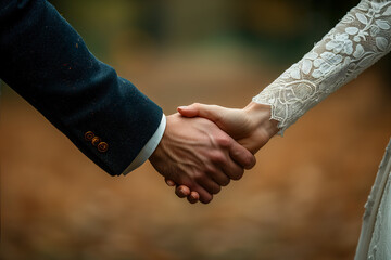 Detail of the intertwined hands of a newly married couple.